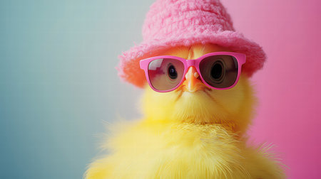 Cute yellow chick wearing pink hat and sunglasses on a pink backgroundの素材