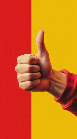 Man's hand showing thumbs up on the background of the flag of Spainの素材