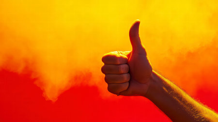 Male hand with thumbs up on the background of a red smoke.の素材