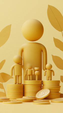 3d render of golden man with family and golden coin on yellow backgroundの素材