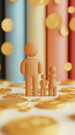 Family and gold coins. 3D illustration. Selective focus.の素材