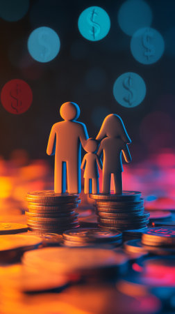 Miniature people standing on stack of coins. Money saving and financial growth concept.の素材