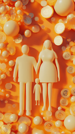 3d render of a couple with a child on an orange backgroundの素材