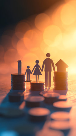 Miniature people: family and house on coin stack with bokeh background.の素材