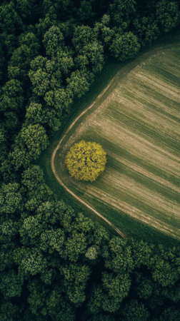 Aerial view of a green meadow in the middle of a forestの素材