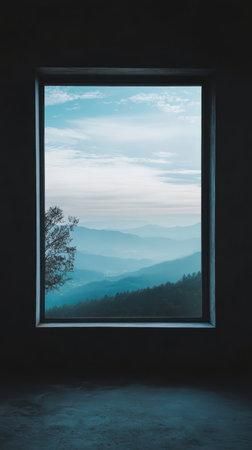 Window in a dark room with a view of the mountains and fogの素材
