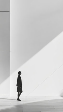 Silhouette of a businesswoman walking in a modern office buildingの素材