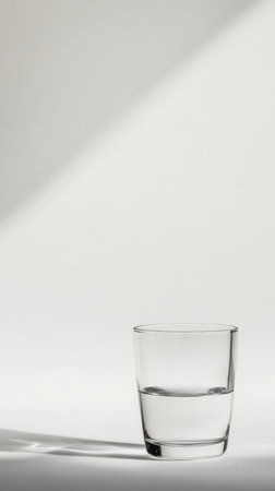 Glass of water on a white background with shadow from the window.の素材