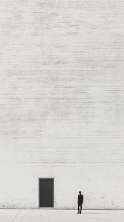 Businessman standing in front of a wall with a door in the backgroundの素材