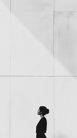 stylish black and white fashion portrait of young beautiful woman in black dress posing against white wallの素材