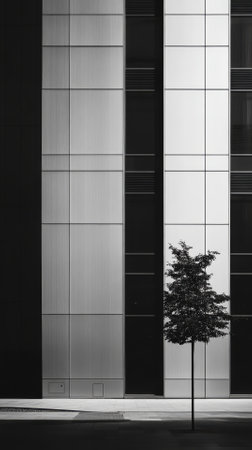 A tree in front of a modern office building. Black and white.の素材