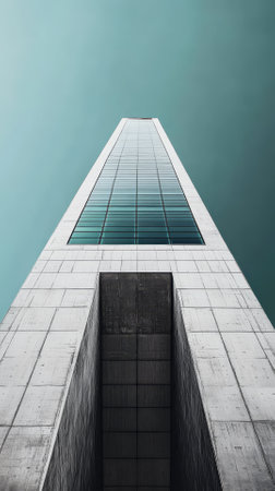 Low angle view of modern skyscraper in Hong Kong, China.の素材