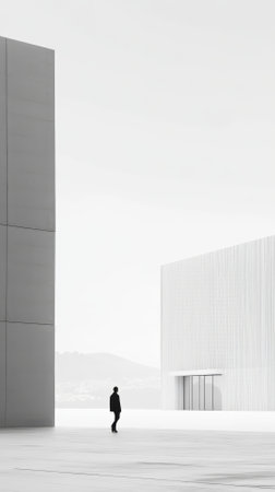 Silhouette of a businesswoman walking in a modern office buildingの素材