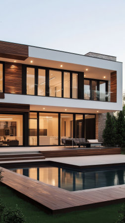 Modern luxury house with swimming pool in the evening light. Nobody insideの素材