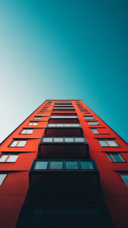 Modern apartment buildings on a sunny day with a blue sky. Facade of a modern apartment buildingの素材