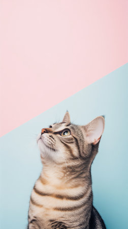 Cute tabby bengal cat on blue and pink backgroundの素材