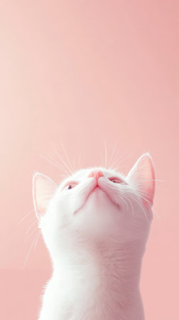 White cat looking up on pastel pink background with copy space.の素材