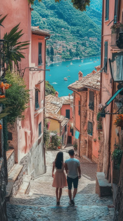 Couple walking on the street in Cinque Terre, Italyの素材