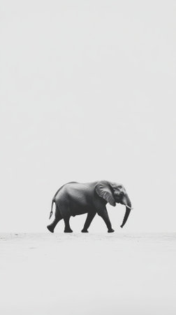 Elephant standing on the sand. Black and white image with copy space.の素材