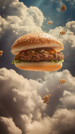 Hamburger flying in the sky with clouds. 3D Renderingの素材