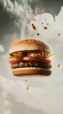 Hamburger with flying ingredients on sky background. Fast food conceptの素材