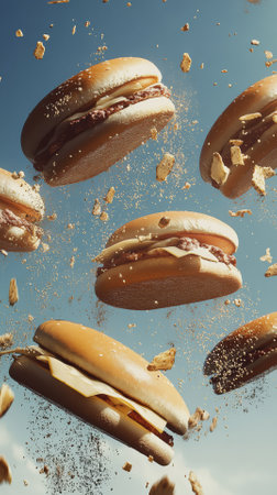 Flying hamburger with flying ingredients on blue background. Fast food conceptの素材