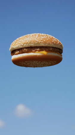 Hamburger flying in the blue sky. Fast food concept.の素材
