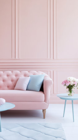 pink sofa with blue pillows and coffee table in modern living roomの素材