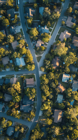 Aerial view of small town with houses, roads and trees.の素材