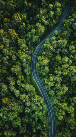 Aerial view of a winding road through the forest. Top viewsの素材