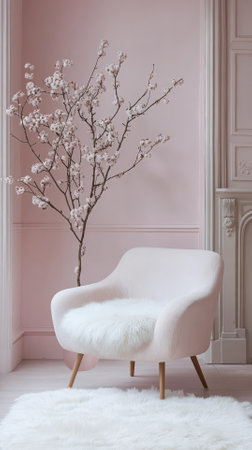Pink armchair in the living room with a flowering branch. 3d renderの素材