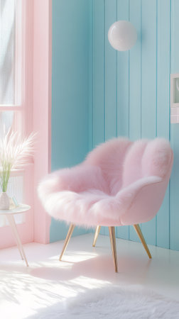 Pink armchair in a room with blue wall and white window.の素材
