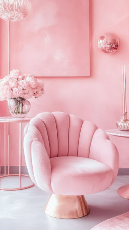 Pink armchair in living room with pink wall and white table.の素材