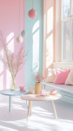 interior of living room with pink and turquoise pastel colorの素材
