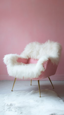 Pink armchair with white fur on a pink wall, interior designの素材