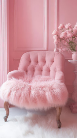 Pink sofa with a pink wall and a vase of flowers.の素材
