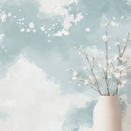 White gypsophila flowers in vase on blue watercolor backgroundの素材