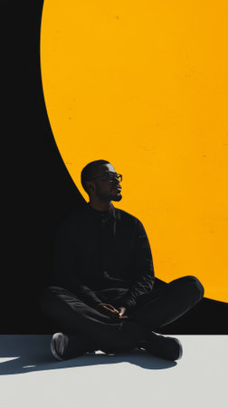 stylish african american man in eyeglasses sitting on floor and looking awayの素材