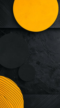 top view of yellow and black geometric shapes on black background with copy spaceの素材