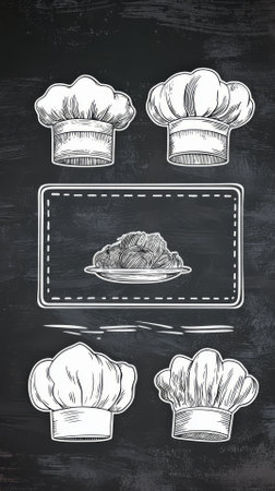 Chef's hat and plate on a blackboard. Vector illustrationの素材