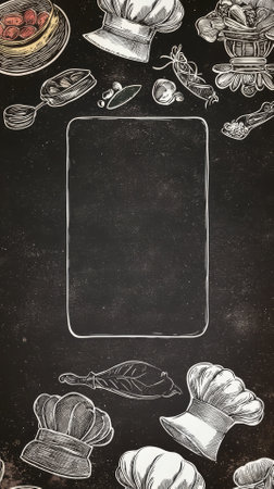 Chef's hat and menu frame on a chalkboard background.の素材