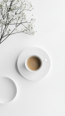 Coffee cup and flowers on white background. Flat lay, top viewの素材