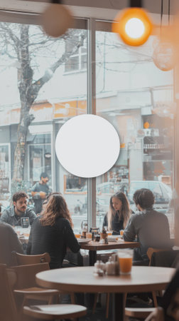 Blank round signboard mockup in cafe, restaurant or coffee shop.の素材