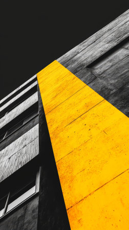 Yellow and black stripes on the wooden surface of a modern building.の素材