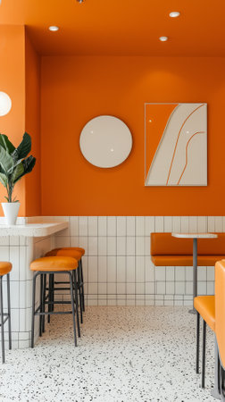 Interior of modern cafe with orange walls, white tiled floor and orange bar stoolsの素材