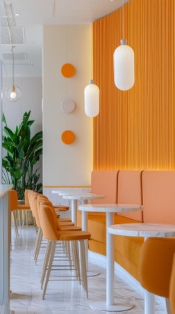 Interior of a modern cafe with orange chairs and orange walls.の素材