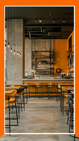 Interior of a modern cafe with orange walls and black stoolsの素材