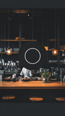 Coffee shop interior with black bar counter and barman.の素材