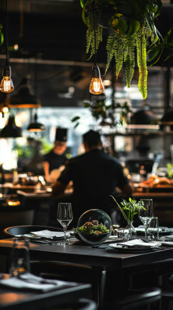 Restaurant interior. Table setting for dinner or lunch. Food and drink conceptの素材