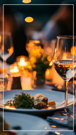 Restaurant menu. Table setting for fine dining with cutlery and glasses of wineの素材